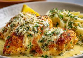 Golden lemon chicken Romano topped with Parmesan cheese, served with fresh herbs and a zesty lemon sauce.