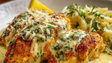 Golden lemon chicken Romano topped with Parmesan cheese, served with fresh herbs and a zesty lemon sauce.