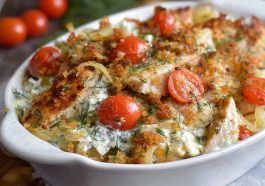 Golden baked chicken tzatziki casserole with fresh herbs and melted cheese.