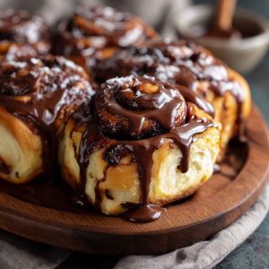 Irresistible chocolate cinnamon rolls drizzled with melted chocolate glaze, swirled with rich cocoa and cinnamon filling.