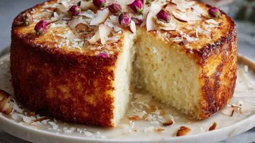 "Fluffy coconut ricotta cream cake topped with shredded coconut and dusted with powdered sugar, served on a cake stand."