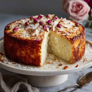 "Fluffy coconut ricotta cream cake topped with shredded coconut and dusted with powdered sugar, served on a cake stand."