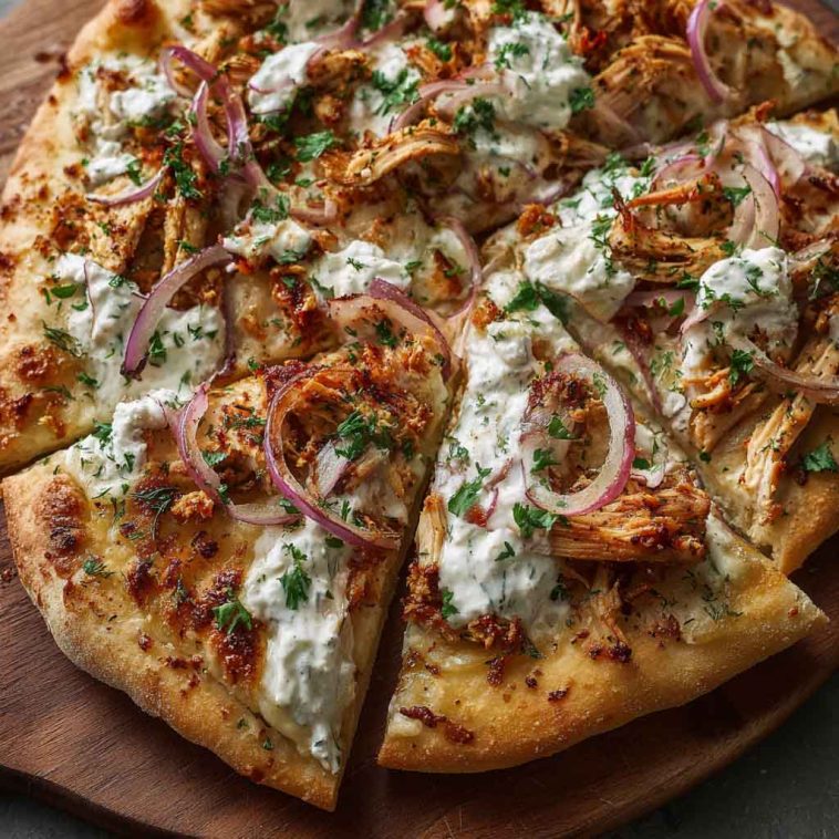 Cajun shrimp and chicken pizza drizzled with creamy tzatziki sauce and garnished with fresh herbs.