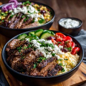 Colorful Mediterranean steak bowl with grilled steak slices, fresh cucumbers, tomatoes, olives, feta cheese, and rice drizzled with tzatziki sauce.