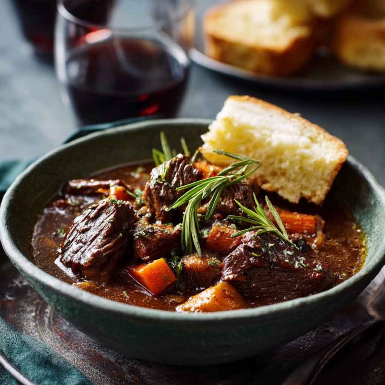 French-style beef stew with tender beef chunks, carrots, onions, and potatoes simmered in a rich red wine sauce, served in a rustic bowl.