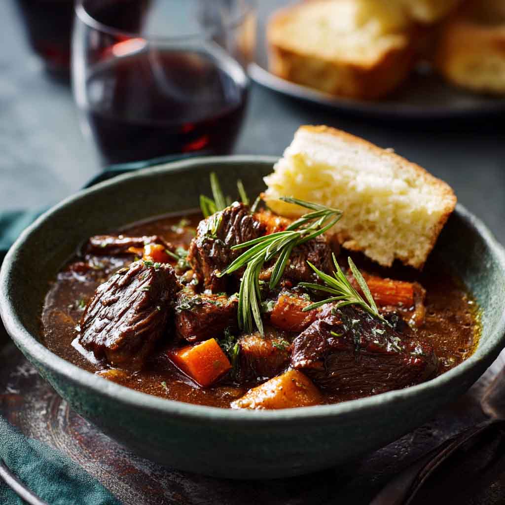 French-style beef stew with tender beef chunks, carrots, onions, and potatoes simmered in a rich red wine sauce, served in a rustic bowl.