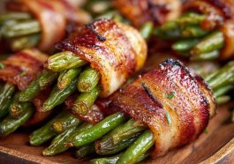 "Crispy bacon-wrapped green bean bundles baked to perfection, garnished with fresh herbs on a serving platter."