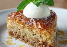 "Moist baklava cake topped with crunchy nuts, honey syrup drizzle, and golden flaky layers."