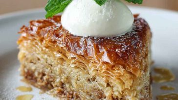 "Moist baklava cake topped with crunchy nuts, honey syrup drizzle, and golden flaky layers."
