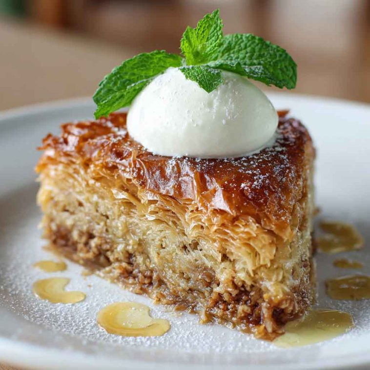 "Moist baklava cake topped with crunchy nuts, honey syrup drizzle, and golden flaky layers."