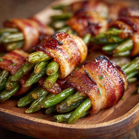 "Crispy bacon-wrapped green bean bundles baked to perfection, garnished with fresh herbs on a serving platter."