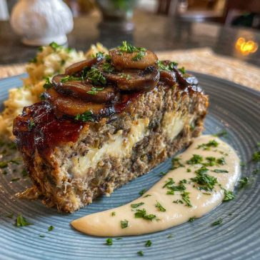 Sliced mushroom Swiss cheese meatloaf topped with melted cheese and fresh herbs.