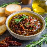 “A rustic bowl of Mediterranean sun dried tomato garlic olive oil dip served with crusty bread and fresh herbs.”