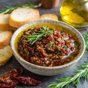 “A rustic bowl of Mediterranean sun dried tomato garlic olive oil dip served with crusty bread and fresh herbs.”