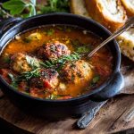 “A hearty bowl of Italian meatball soup with tender meatballs, pasta, vegetables, and fresh herbs served with bread.”