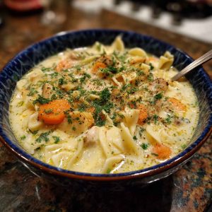 “A steaming bowl of Amish snow day soup filled with noodles, vegetables, and tender chicken, served with rustic bread.”