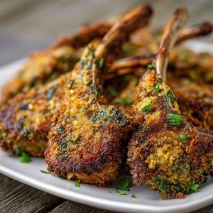 "Golden garlic parmesan fried lamb chops served on a platter, garnished with fresh herbs and grated parmesan."