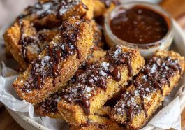 Crunchy homemade brown butter chocolate chip cookie fries served in a basket with dipping chocolate sauce, golden and crispy on the edges.