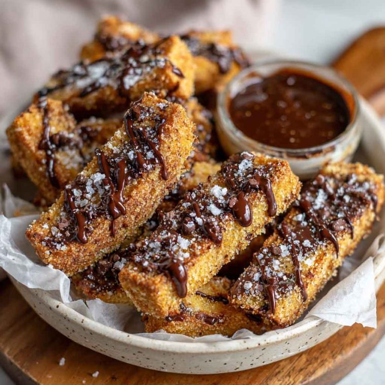 Crunchy homemade brown butter chocolate chip cookie fries served in a basket with dipping chocolate sauce, golden and crispy on the edges.