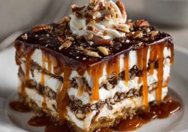 "A layered no-bake turtle lasagna dessert with creamy chocolate pudding, caramel drizzle, whipped topping, and crunchy pecans."