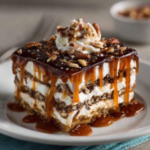 "A layered no-bake turtle lasagna dessert with creamy chocolate pudding, caramel drizzle, whipped topping, and crunchy pecans."