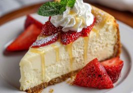 “A rich vanilla bean butter cheesecake topped with whipped cream and caramel drizzle on a white plate.”