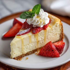 “A rich vanilla bean butter cheesecake topped with whipped cream and caramel drizzle on a white plate.”