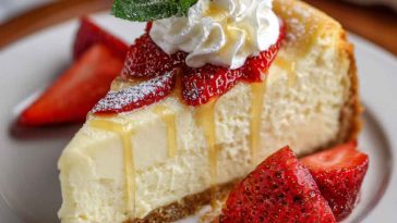 “A rich vanilla bean butter cheesecake topped with whipped cream and caramel drizzle on a white plate.”