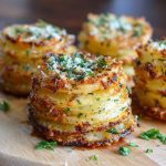 “Golden, crispy garlic Parmesan potato stacks baked in muffin tins, layered thinly and topped with fresh herbs.”