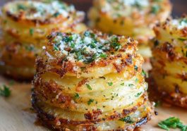 “Golden, crispy garlic Parmesan potato stacks baked in muffin tins, layered thinly and topped with fresh herbs.”
