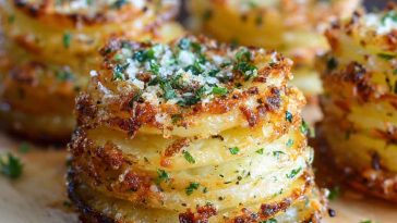 “Golden, crispy garlic Parmesan potato stacks baked in muffin tins, layered thinly and topped with fresh herbs.”