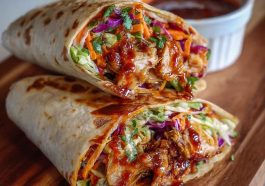 Sweet chili chicken wraps filled with tender chicken, crisp veggies, and a drizzle of tangy-sweet chili sauce.