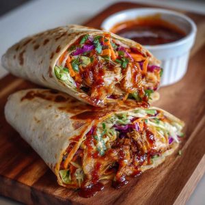 Sweet chili chicken wraps filled with tender chicken, crisp veggies, and a drizzle of tangy-sweet chili sauce.