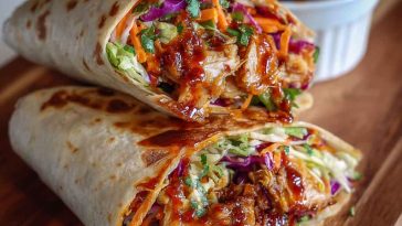 Sweet chili chicken wraps filled with tender chicken, crisp veggies, and a drizzle of tangy-sweet chili sauce.