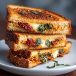Golden grilled cheese sandwich filled with melted mozzarella, sun-dried tomato pesto, and fresh basil leaves.