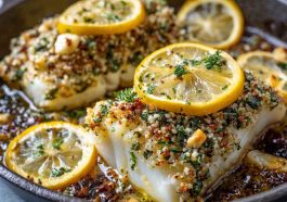 Gluten-free Mediterranean baked cod fillet with lemon slices, garlic, and fresh herbs served on a rustic platter.