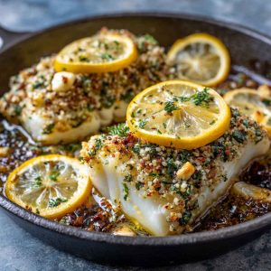 Gluten-free Mediterranean baked cod fillet with lemon slices, garlic, and fresh herbs served on a rustic platter.