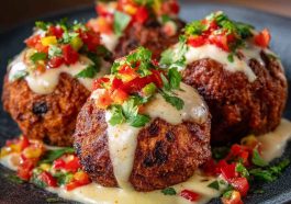 "Spicy Mexican meatballs served with rich tomato sauce, garnished with cilantro and lime wedges."