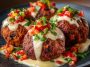"Spicy Mexican meatballs served with rich tomato sauce, garnished with cilantro and lime wedges."