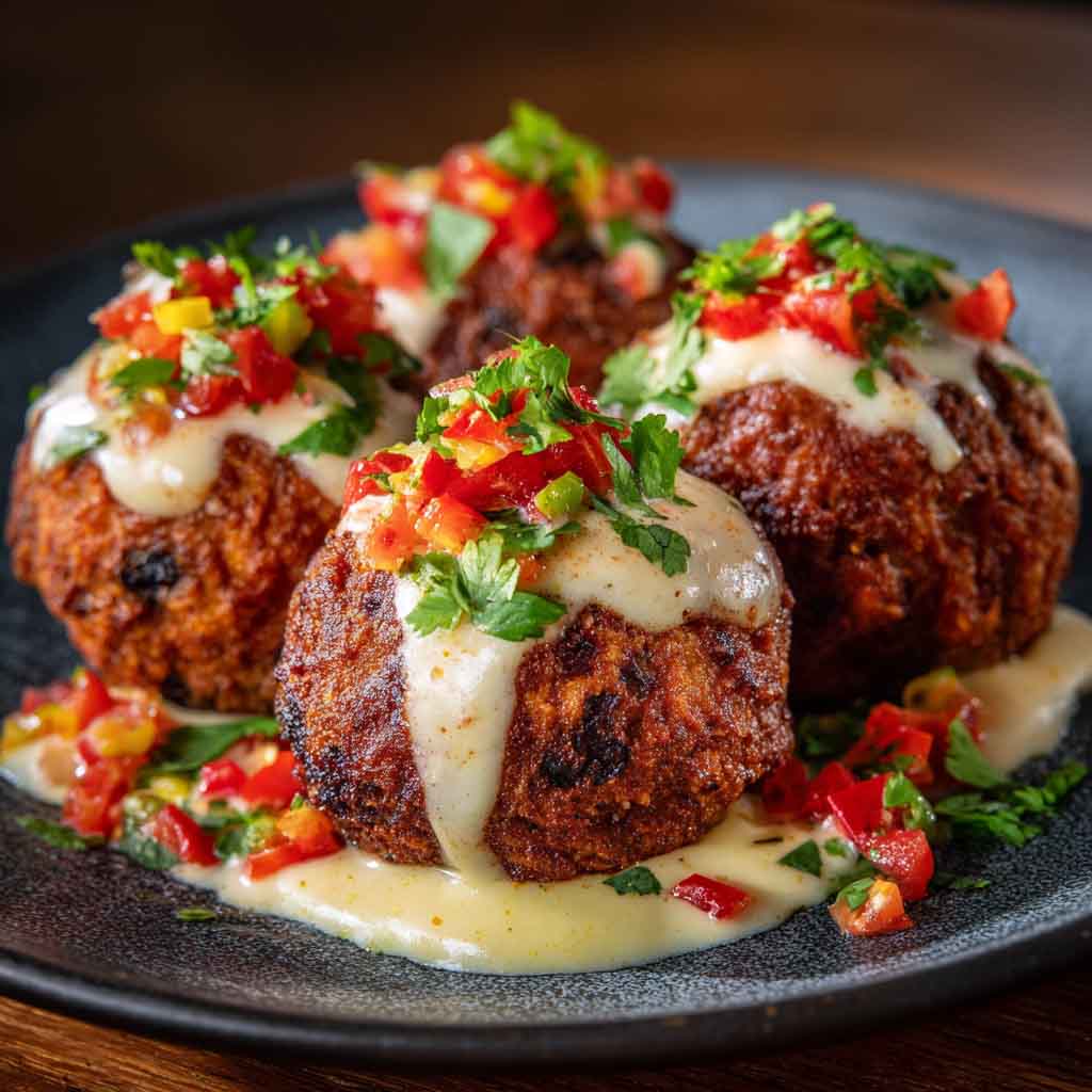 "Spicy Mexican meatballs served with rich tomato sauce, garnished with cilantro and lime wedges."