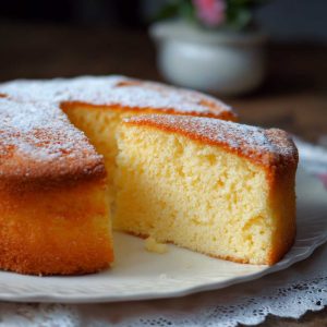 “A golden light and fluffy sponge cake with airy texture, topped with powdered sugar and fresh berries.”