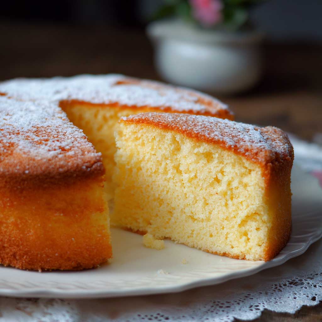 “A golden light and fluffy sponge cake with airy texture, topped with powdered sugar and fresh berries.”
