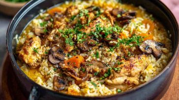 One-pot coconut chicken brothy rice served warm in a bowl, cozy dinner with creamy broth and tender chicken.