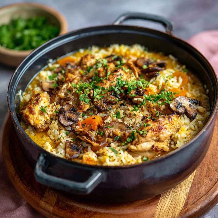 One-pot coconut chicken brothy rice served warm in a bowl, cozy dinner with creamy broth and tender chicken.