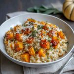 Creamy roasted butternut squash risotto with golden squash cubes, Parmesan cheese, and fresh herbs served in a cozy bowl.