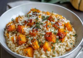 Creamy roasted butternut squash risotto with golden squash cubes, Parmesan cheese, and fresh herbs served in a cozy bowl.