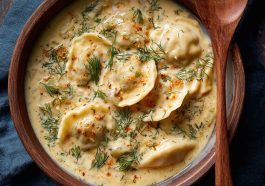 Creamy dill pierogi soup with tender dumplings, fresh dill, and a rich broth served in a cozy bowl.