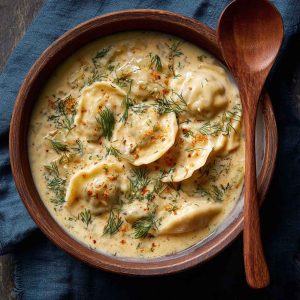 Creamy dill pierogi soup with tender dumplings, fresh dill, and a rich broth served in a cozy bowl.
