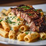 "Cajun steak cheesy rigatoni parmesan baked in a skillet, topped with melted cheese, herbs, and tender steak slices."