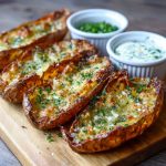 Crispy roasted potato skins topped with garlic, fresh herbs, and melted cheese, served golden brown on a platter.